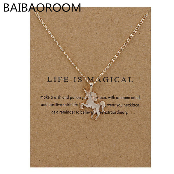 Fashion New Gold-color Life Is Magical Unicorn Horse Alloy Clavicle Chain Pendant Necklace Jewelry Gift