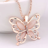 Fashion Rose Gold Opal Butterfly Pendant Necklace Sweater Chain Necklace Free Shipping Drop Shipping