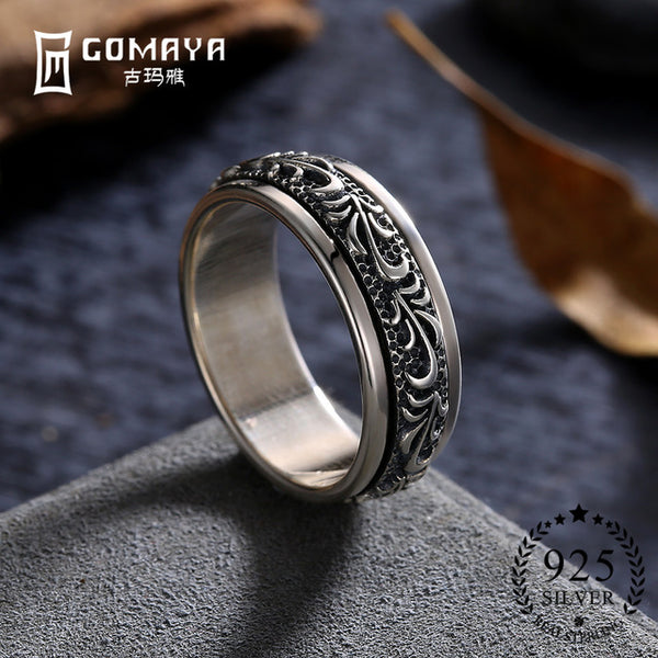 GOMAYA Carving Flower 925 Sterling Silver Rings Gothic Vintage Rock Punk Cocktail Fine Jewelry for Men and Women Anillos