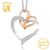 GemStoneKing 0.05 CTW Natural Diamond Pendant 925 Sterling Silver 10K Rose Gold Double Heart Pendant Necklace For Women