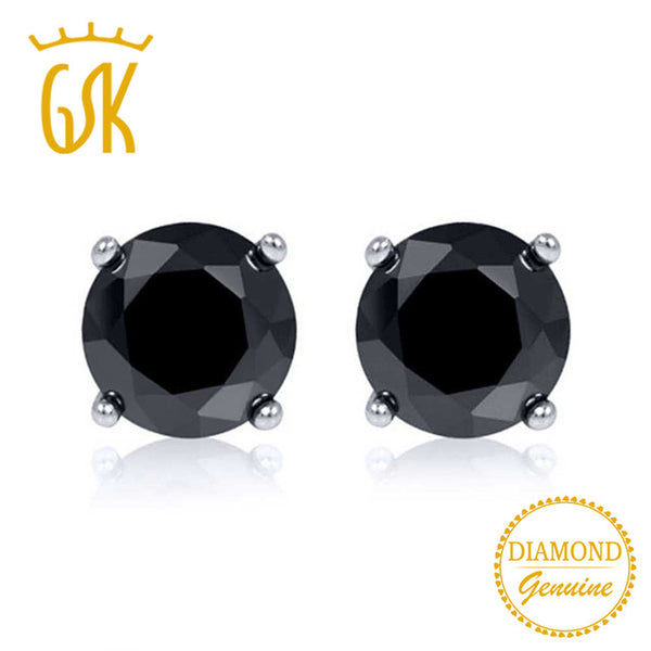 GemStoneKing Black Diamond-Jewelry 0.33 Ctw Round Cut Natural Black Diamond 14K White Gold Stud Earrings For Women