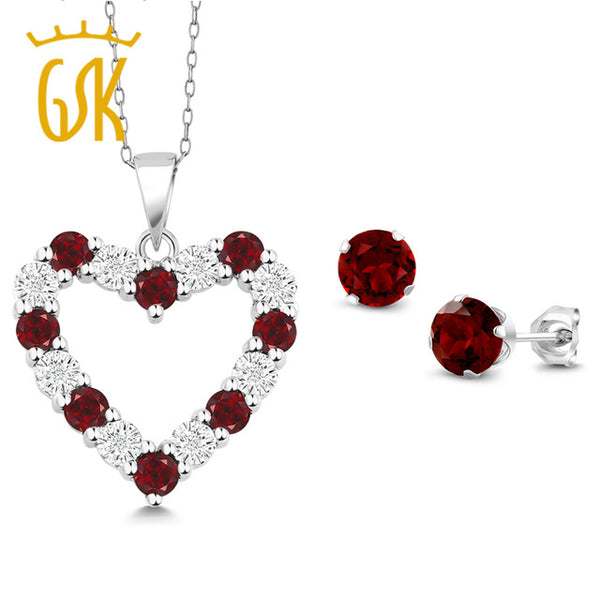 GemStoneKing Natural Diamond and Red Garnet Heart Pendant Earrings Set Solid 925 Sterling Silver Jewelry Set For Women