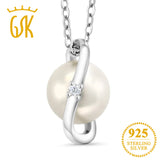 GemStoneKing Round Natural White Diamond and Cultured Freshwater Pearl 925 Sterling Silver Pendant Necklace For Women