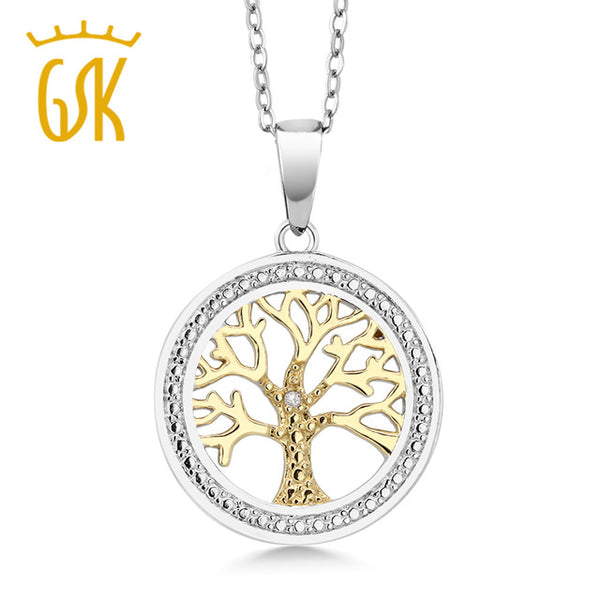 GemStoneKing Two-Tone 925 Sterling Silver Tree Of LifeFamily Tree Pendant Necklace With Diamond Accent