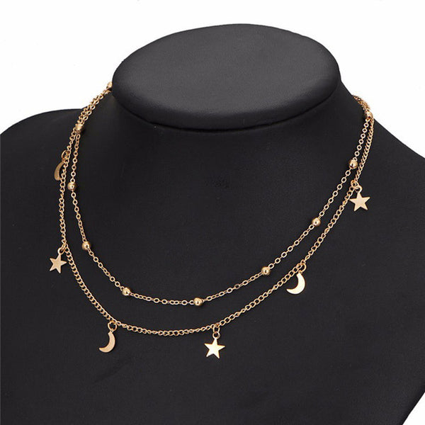 Gold Color Star Moon Pendant Necklaces Women MultiLayer Round Beads Clavicle Chain Chokers Bohemian Fashion Jewelry Accessories