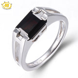 HUTANG  Mystery Natural Black Garnet Ring Solid 925 Sterling Silver Men's Women's Emerald Cut Gemstone Fine Jewelry New Arrival