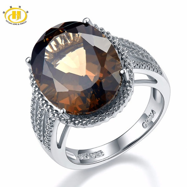 HUTANG NEW 8.37ct Natural Oval Smoky Quartz Solid 925 Sterling Silver Cocktail Ring Gemstone Fine Jewelry Women's Xmas Gift