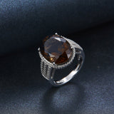 HUTANG NEW 8.37ct Natural Oval Smoky Quartz Solid 925 Sterling Silver Cocktail Ring Gemstone Fine Jewelry Women's Xmas Gift