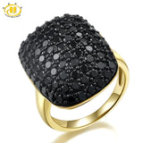 HUTANG Stone Jewelry Natural Gemstone Black Spinel Solid 925 Sterling Silver Gold-color Cluster Rings Fine Jewelry For Women