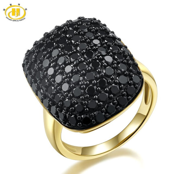 HUTANG Stone Jewelry Natural Gemstone Black Spinel Solid 925 Sterling Silver Gold-color Cluster Rings Fine Jewelry For Women