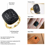 HUTANG Stone Jewelry Natural Gemstone Black Spinel Solid 925 Sterling Silver Gold-color Cluster Rings Fine Jewelry For Women