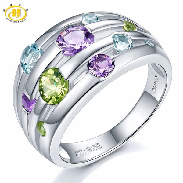 Hutang Natural Gemstone Peridot Amethyst Blue Topaz Ring Solid 925 Sterling Silver Colorful Gemstones Fine Fashion Stone Jewelry