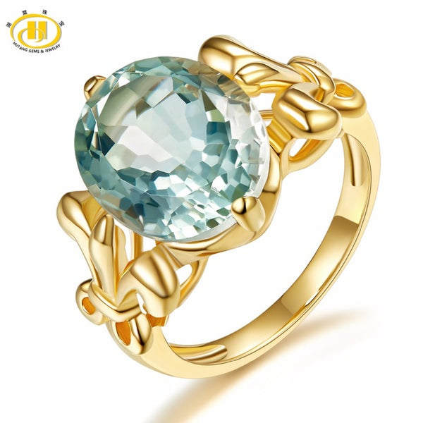 Hutang Stone Jewelry 4.49ct Natural Gemstone Green Amethyst Ring Solid 925 Sterling Silver Yellow Gold Fine Jewelry For Gift New