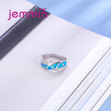 Jemmin Fashion Cross Ribbon Blue Fire Opal Ring Sliver Wedding Rings For Men And Women Fine Jewelry Gifts