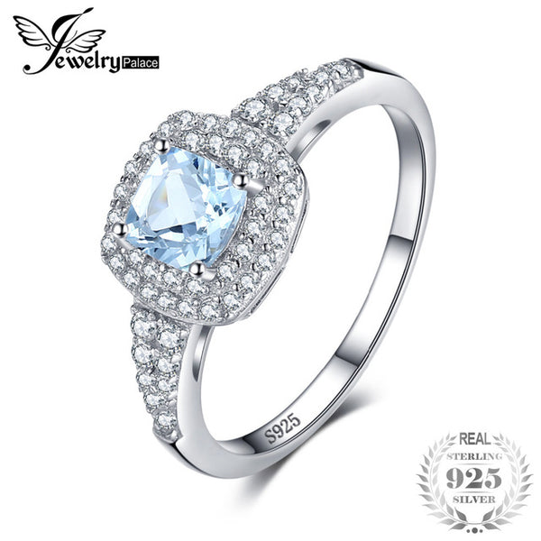 JewelryPalace Cushion Cut 0.9ct Natural Aquamarine Halo Engagement Ring 925 Sterling Silver Jewelry Engagement Rings For Women