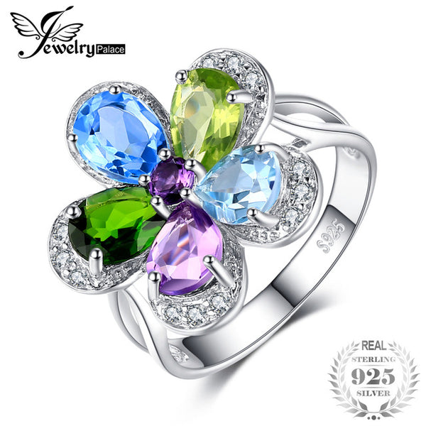 JewelryPalace Flower 4ct Multicolor Natural Sky Blue Topaz Amethyst Peridot Chrome Diopside Cocktail Ring 925 Sterling Silver