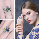 JewelryPalace Flower 4ct Multicolor Natural Sky Blue Topaz Amethyst Peridot Chrome Diopside Cocktail Ring 925 Sterling Silver