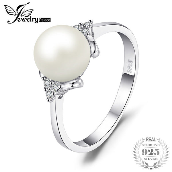 JewelryPalace Luxury 8mm*8mm Freshwater Cultured Pearl Engagement and Wedding Ring 925 Sterling Silver Fine Jewelry For Women