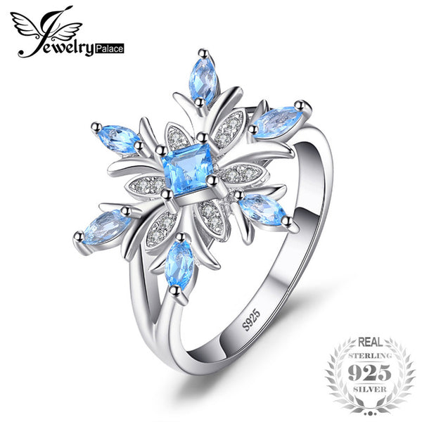 JewelryPalace Promotion 0.8ct Snowflake Genuine Blue Topaz Ring Solid 925 Sterling Silver Fine Jewelry Fashion Gift For Women