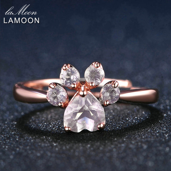 LAMOON Bear's Paw 5mm 100% Natural Pink Rose Quartz Adjustable Ring 925-Sterling-Silver Fine Jewelry for Women Wedding RI027-2