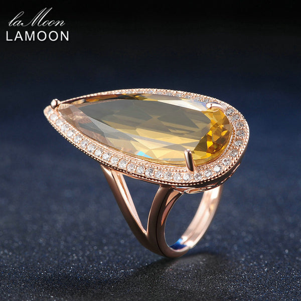 LAMOON Luxury Gemstone Natural TearDrop Citrine 925 Sterling Silver Cocktail Ring Women Jewelry Rose Gold Color S925 LMRI041
