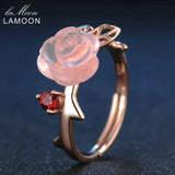 LAMOON Rose Flower 9mm 100% Natural Pink Rose Quartz Adjustable Ring 925 Sterling Silver Jewelry for Women Wedding LMRI025