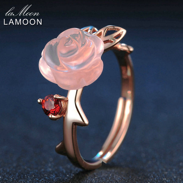 LAMOON Rose Flower 9mm 100% Natural Pink Rose Quartz Adjustable Ring 925 Sterling Silver Jewelry for Women Wedding LMRI025