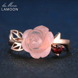 LAMOON Rose Flower 9mm 100% Natural Pink Rose Quartz Adjustable Ring 925 Sterling Silver Jewelry for Women Wedding LMRI025