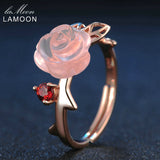 LAMOON Rose Flower 9mm 100% Natural Pink Rose Quartz Adjustable Ring 925 Sterling Silver Jewelry for Women Wedding LMRI025