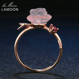 LAMOON Rose Flower 9mm 100% Natural Pink Rose Quartz Adjustable Ring 925 Sterling Silver Jewelry for Women Wedding LMRI025