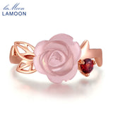 LAMOON Rose Flower 9mm 100% Natural Pink Rose Quartz Adjustable Ring 925 Sterling Silver Jewelry for Women Wedding LMRI025