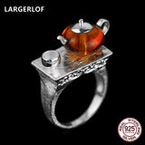 LARGERLOF Real 925 Silver Jewelry Natural Amber Ring Handmade Fine Jewelry Vintage Rings  JZ3055