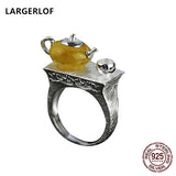 LARGERLOF Real 925 Silver Jewelry Natural Amber Ring Handmade Fine Jewelry Vintage Rings  JZ3055