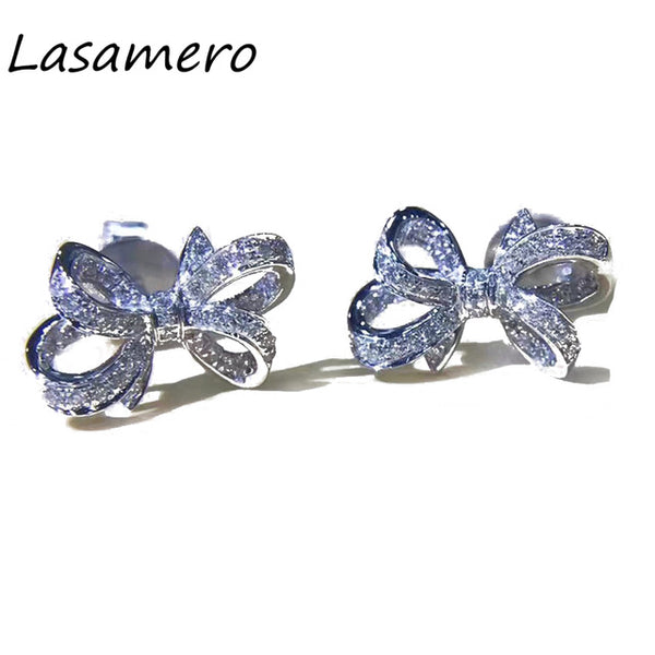 LASAMERO 0.132 CTW Flower Natural Diamond Bow Earrings 18K White Gold Diamond Stud Earrings Fine Jewelry Studs Earring