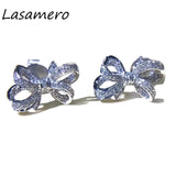 LASAMERO 0.132 CTW Flower Natural Diamond Bow Earrings 18K White Gold Diamond Stud Earrings Fine Jewelry Studs Earring