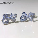 LASAMERO 0.132 CTW Flower Natural Diamond Bow Earrings 18K White Gold Diamond Stud Earrings Fine Jewelry Studs Earring