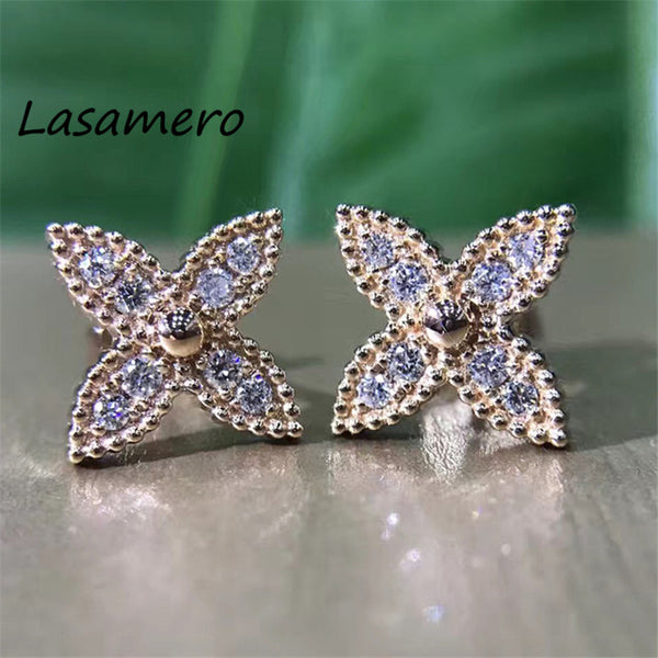 LASAMERO 0.194CTW Flower Created real Diamond Cluster Earrings 18K White Gold Diamond Stud Earrings Fine Jewelry Earring Studs