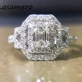 LASAMERO 0.50CT Emerald Cut Natural Diamond Accents 18k Gold Double Halo Half Eternity Engagement Wedding Promise Ring