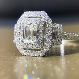 LASAMERO 0.50CT Emerald Cut Natural Diamond Accents 18k Gold Double Halo Half Eternity Engagement Wedding Promise Ring