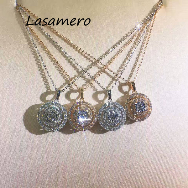 LASAMERO Double Halo 0.07CT Round Cut Pave Set Solid 18k Gold Natural Diamond Pendant Necklace Chain Fine Jewelry Gift For Her