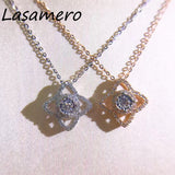 LASAMERO Halo 0.05CT Round Cut Flower Shape  Pave Set 18k Gold Natural Diamond Pendant Necklace