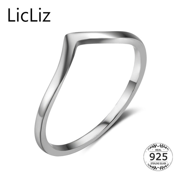 LicLiz Simple 925 Sterling Silver Triangle Rings For Women Finger Geometric Ring Bague Initial Letter V Shape Ring Band LR0470