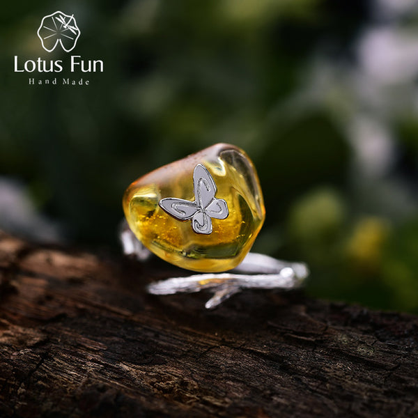 Lotus Fun Real 925 Sterling Silver Natural Amber Handmade Designer Fine Jewelry Looking Back Butterfully Rings for Women Bijoux