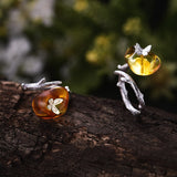 Lotus Fun Real 925 Sterling Silver Natural Amber Handmade Designer Fine Jewelry Looking Back Butterfully Rings for Women Bijoux