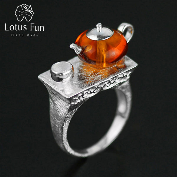 Lotus Fun Real 925 Sterling Silver Natural Amber Original Handmade Fine Jewelry Vintage Ring Cute Teapot Rings for Women Bijoux