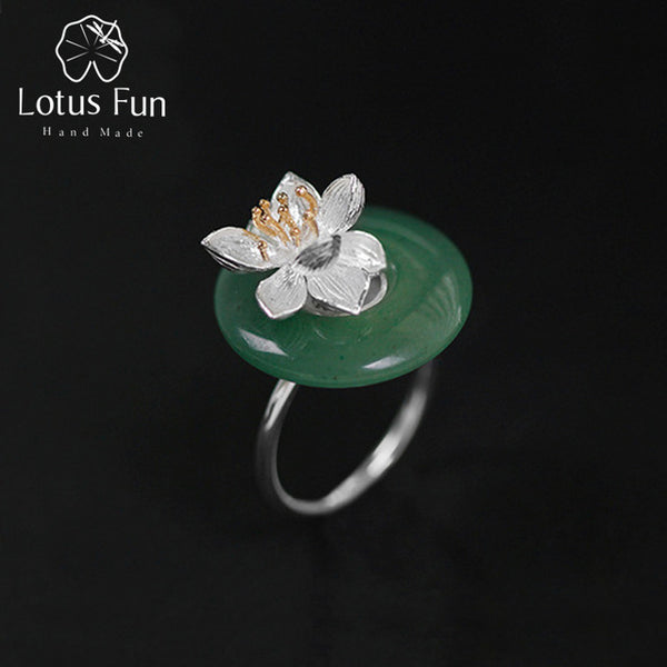 Lotus Fun Real 925 Sterling Silver Natural Green Pink Stone Creative Handmade Fine Jewelry Lotus Whispers Ring for Women Brincos