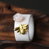 Lotus Fun Real 925 Sterling Silver Natural Handmade Fine Jewelry Ceramic Ring Cute Bee Kiss from a Rose Rings for Women Bijoux