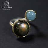 Lotus Fun Real 925 Sterling Silver Natural Labradorite Moonlight Stone Handmade Fine Jewelry Mysterious lake Rings for Women