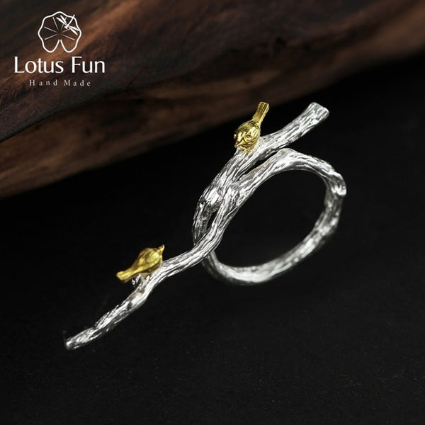 Lotus Fun Real 925 Sterling Silver Natural Original Handmade Fine Jewelry Adjustable Ring Bird on Branch Rings for Women Bijoux