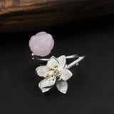 Lotus Fun Real 925 Sterling Silver Natural Rose Quartz Handmade Fine Jewelry Flower Ring Lotus Whispers Rings for Women Bijoux